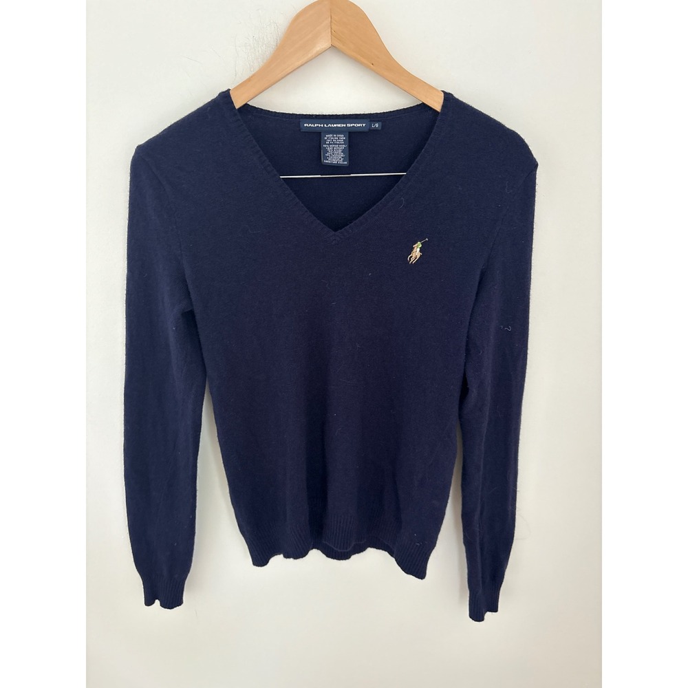 Ralph Lauren Sport Navy Blue Merino Wool Cashmere V-Neck Sweater Womens‎ Large